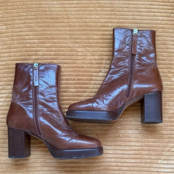 Boho Chestnut Brown Faux Leather 70s Platform Ankle Boots US Size 6 - Picture 3 of 7